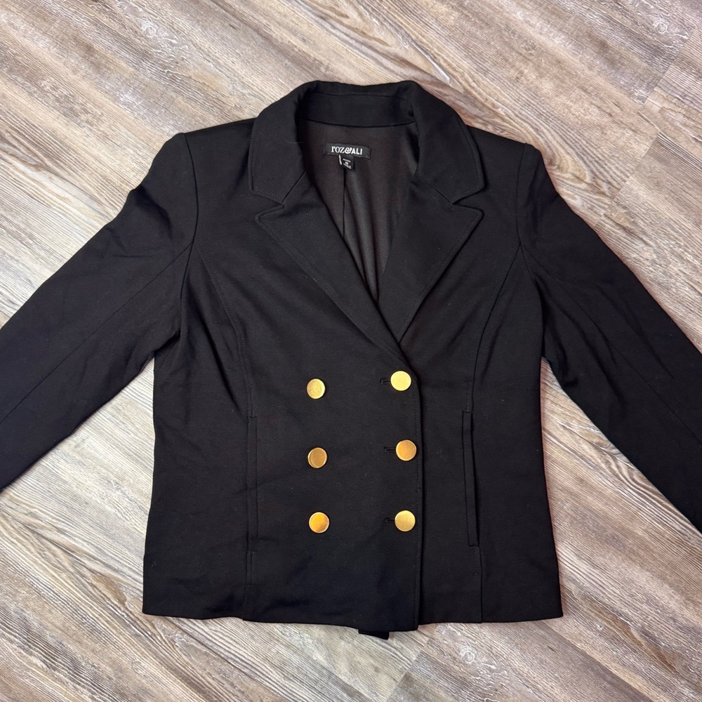 Roz and Ali Women’s Blazer Black Gold Buttons Petite Double Breasted Size Medium